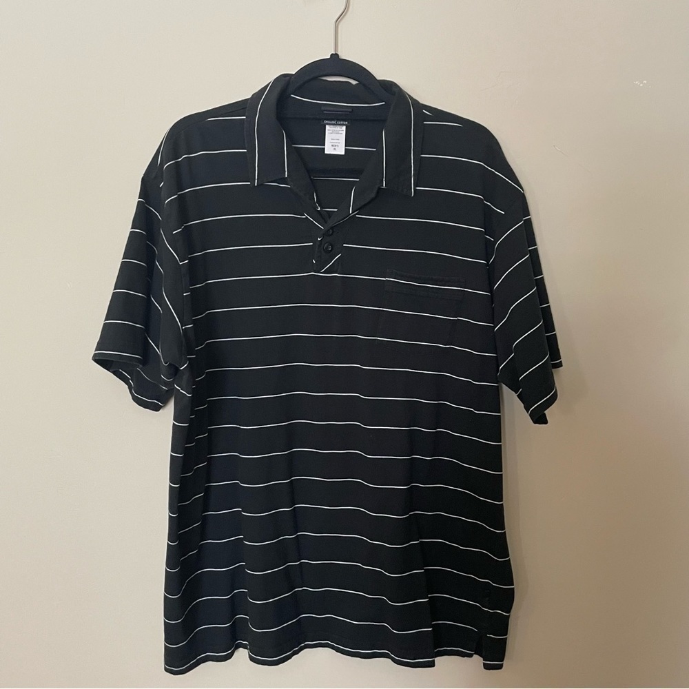 Patagonia Black and White Stripe Organic Cotton Short Sleeve Polo